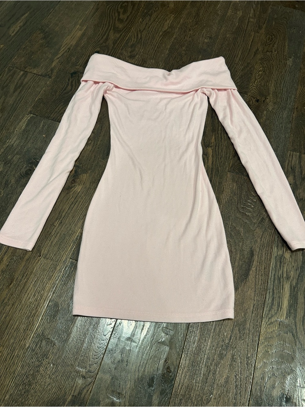 Off-Shoulder Long Sleeve Baby Pink Bodycon Dress- XXS